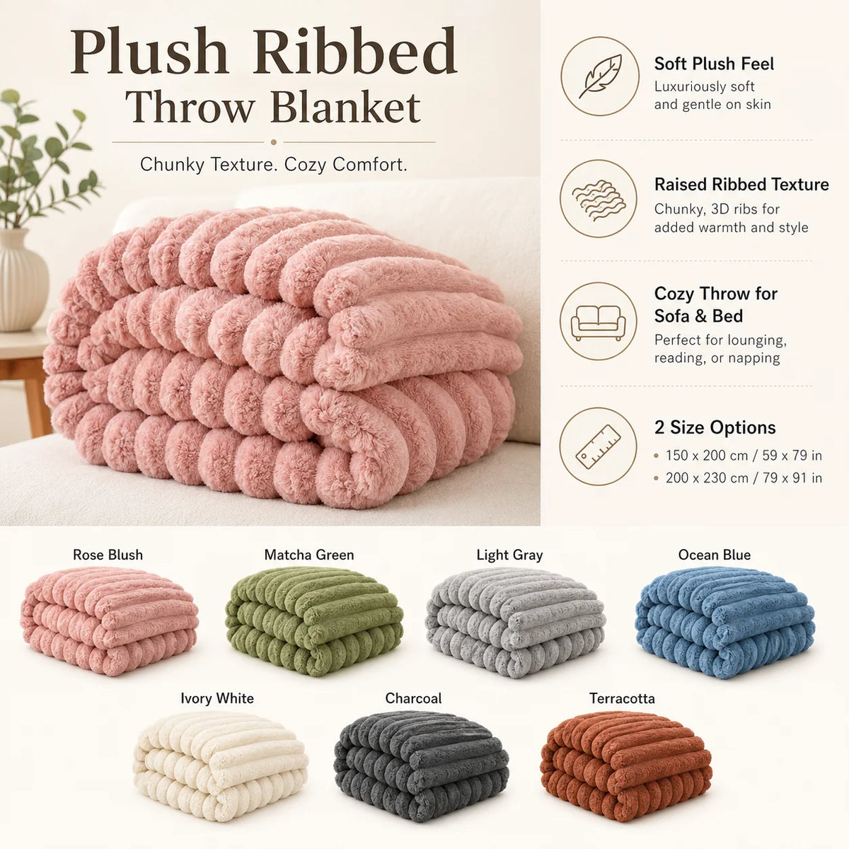 Plush Blanket | Soft Plush & Raised Ribbed Texture | 150 x 200 cm & 200 x 230 cm