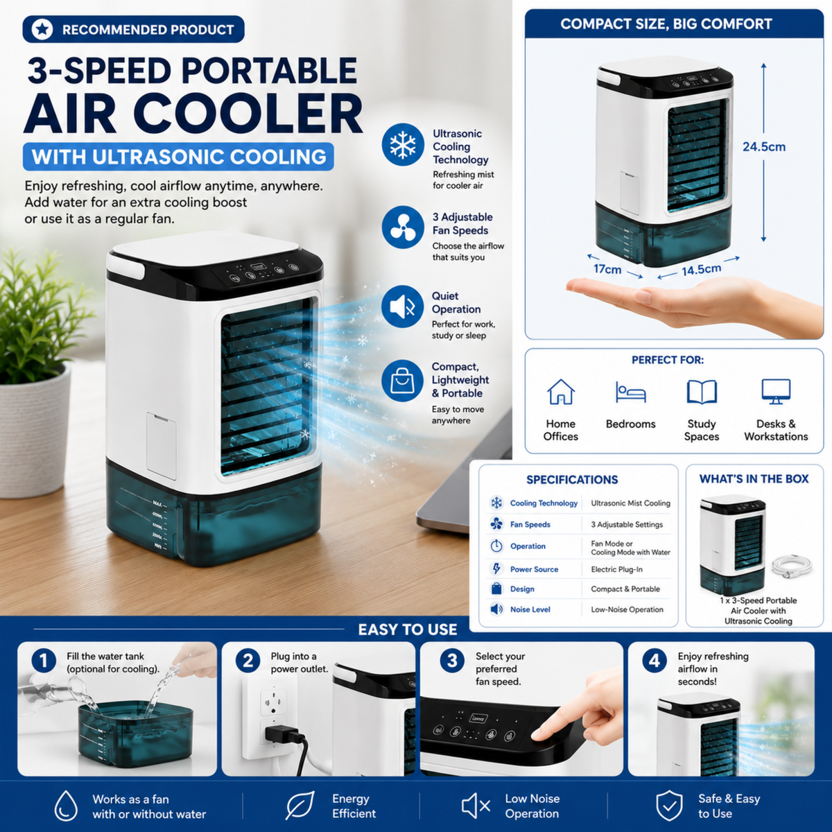 Portable Air Conditioner | Ultrasonic Cooling & 3 Speeds | Quiet Desktop Design