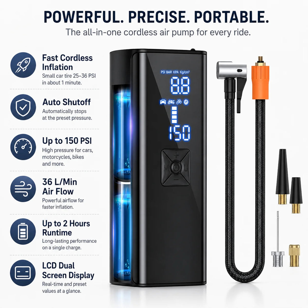 Portable Air Pump | Cordless Rechargeable & Auto Shutoff | 150 PSI