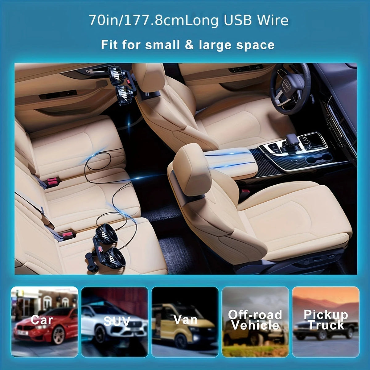 Portable Car Fan | Dual-Head & 360° Adjustable | USB-Powered