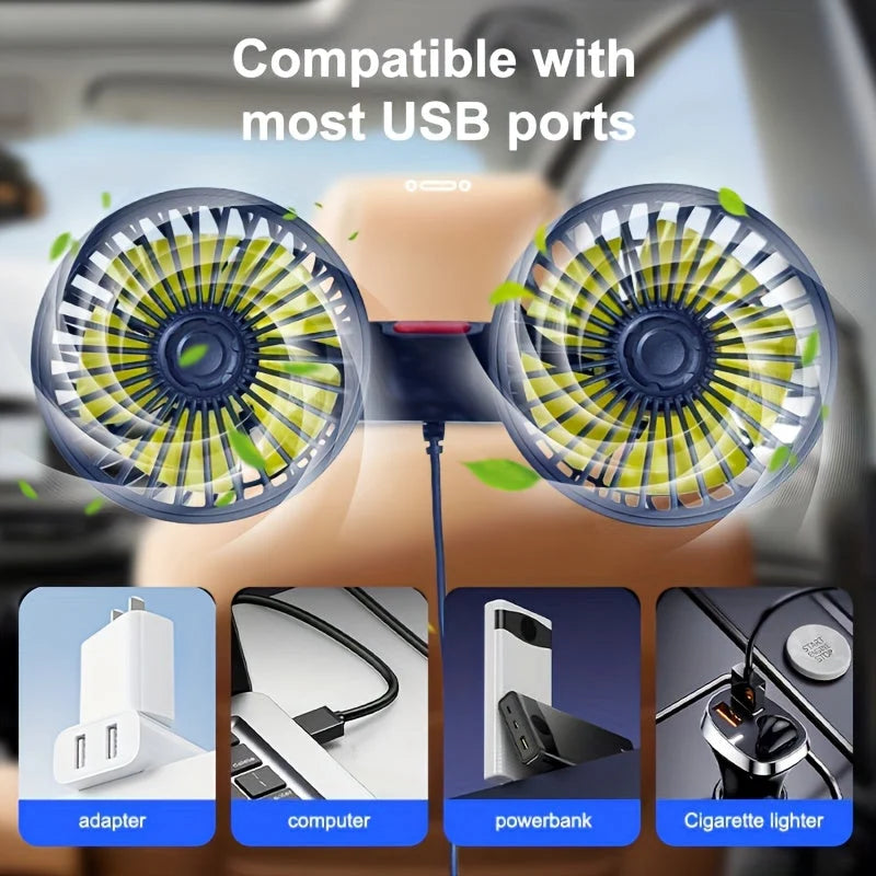 Portable Car Fan | Dual-Head & 360° Adjustable | USB-Powered