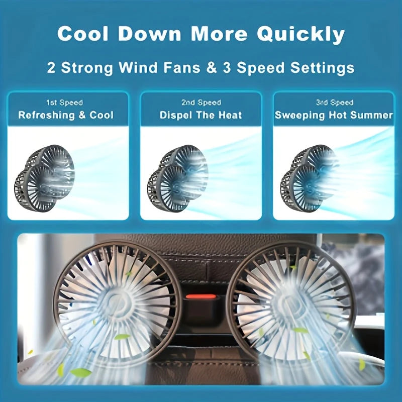 Portable Car Fan | Dual-Head & 360° Adjustable | USB-Powered