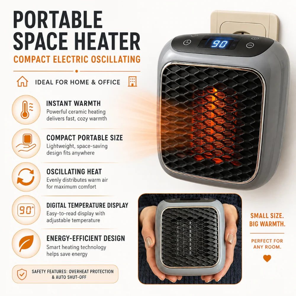 Portable Space Heater | Compact Oscillating & Energy-Efficient | For Home & Office