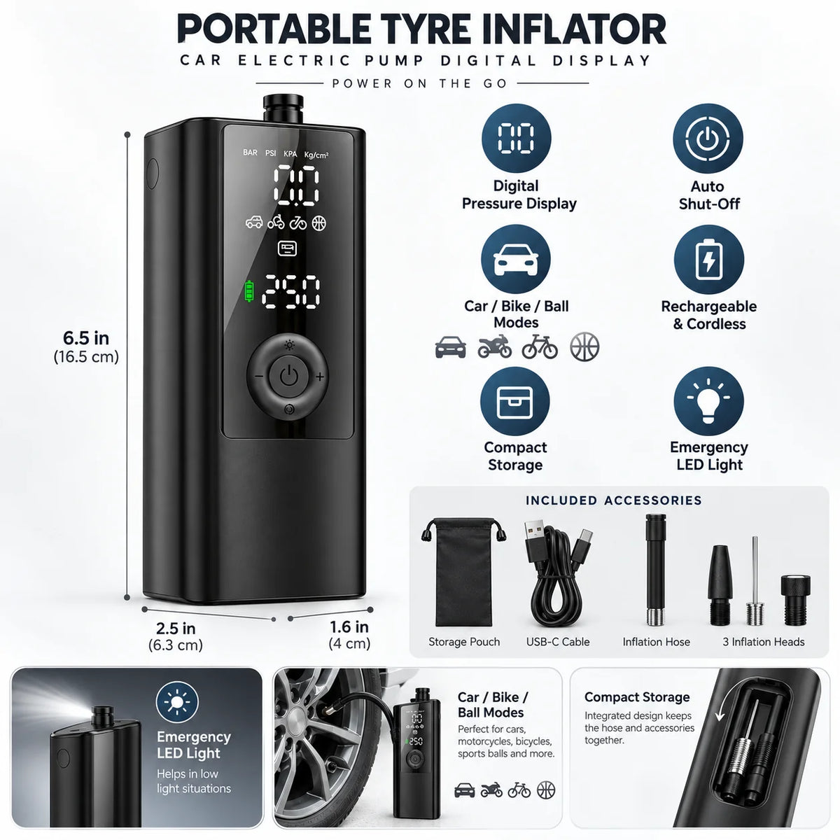 Portable Tire Inflator | Digital Display & Automatic Shut-Off | Cordless Rechargeable