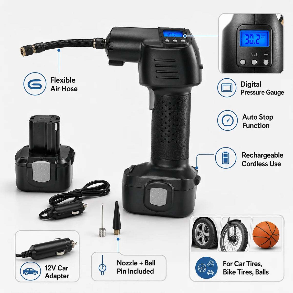Portable Tire Inflator | Rechargeable Cordless & Auto Shut-Off