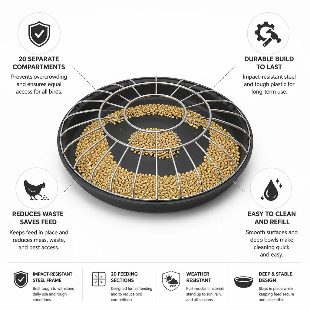 Poultry Feeder | 20-Compartment Divided Design | Impact-Resistant Steel Frame