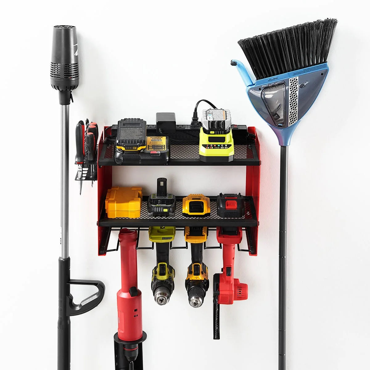 Power Tool Charging Station | Surge-Protected 8-Outlet Wall-Mount | 4 Drill Slots