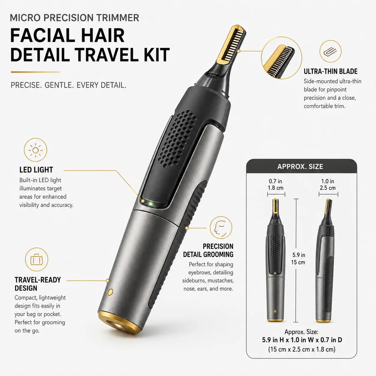 Precision Trimmer | Ultra-Fine Blade & LED Light | Travel-Ready