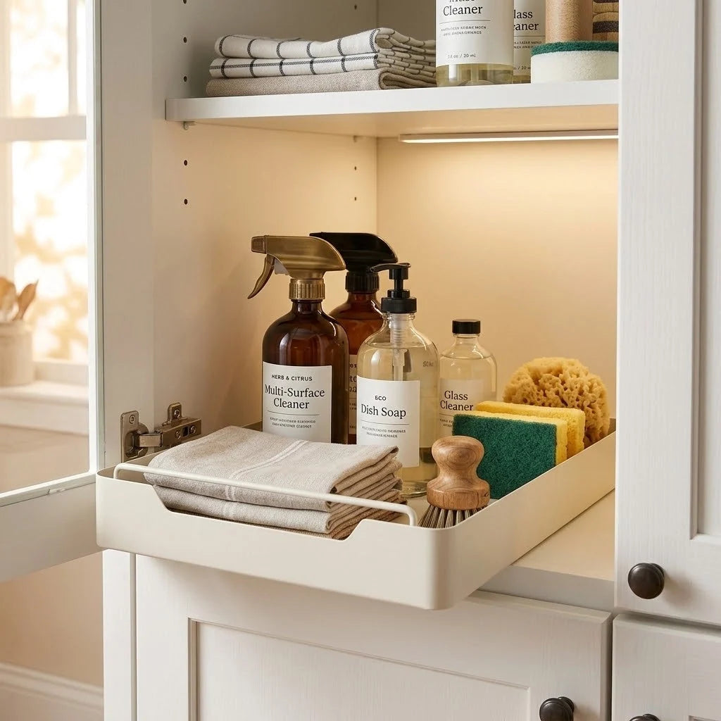 Pull-Out Cabinet Organizer | Sliding Carbon Steel Drawer | Adhesive No-Drill Mount