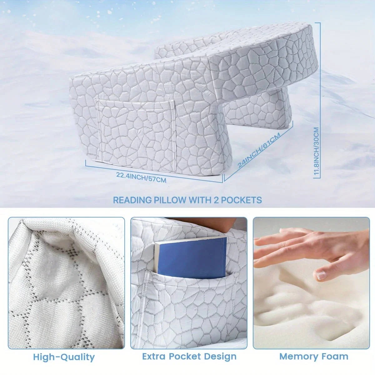 Reading Pillow | Ergonomic Memory Foam With Side Pockets & Washable Cover