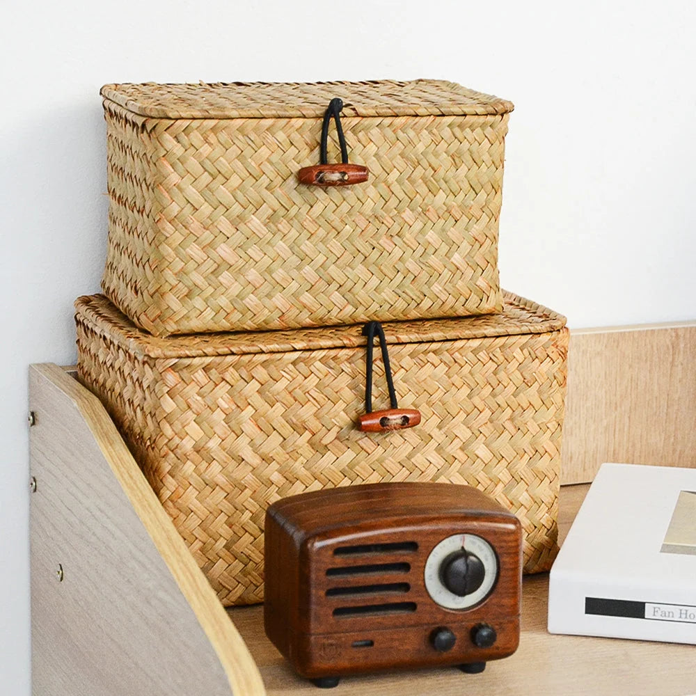 Rectangular Storage Basket | Woven Straw & Fitted Lid | Small, Medium & Large