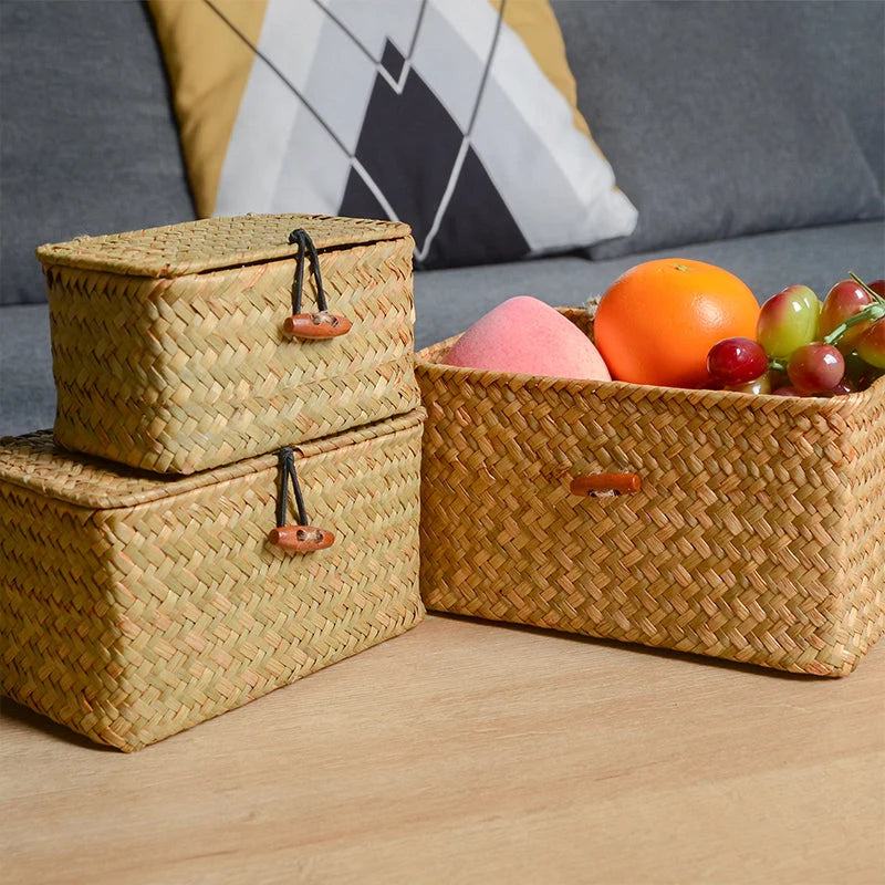 Rectangular Storage Basket | Woven Straw & Fitted Lid | Small, Medium & Large