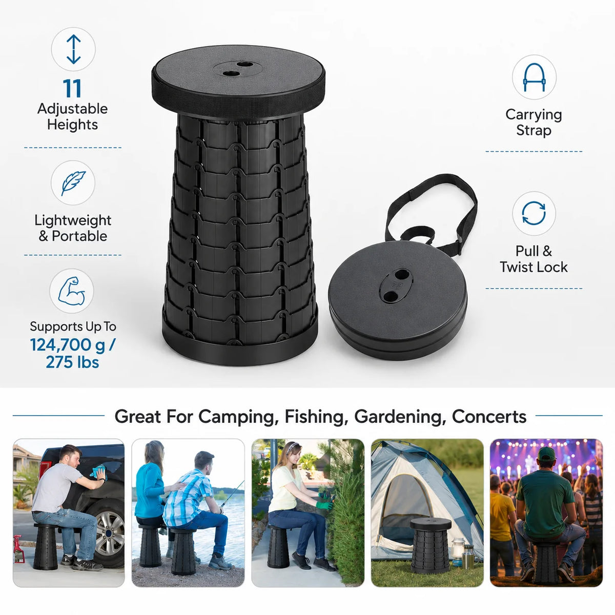 Retractable Stool | Lightweight & 11-Position Adjustable | Supports Up To 275 Lbs