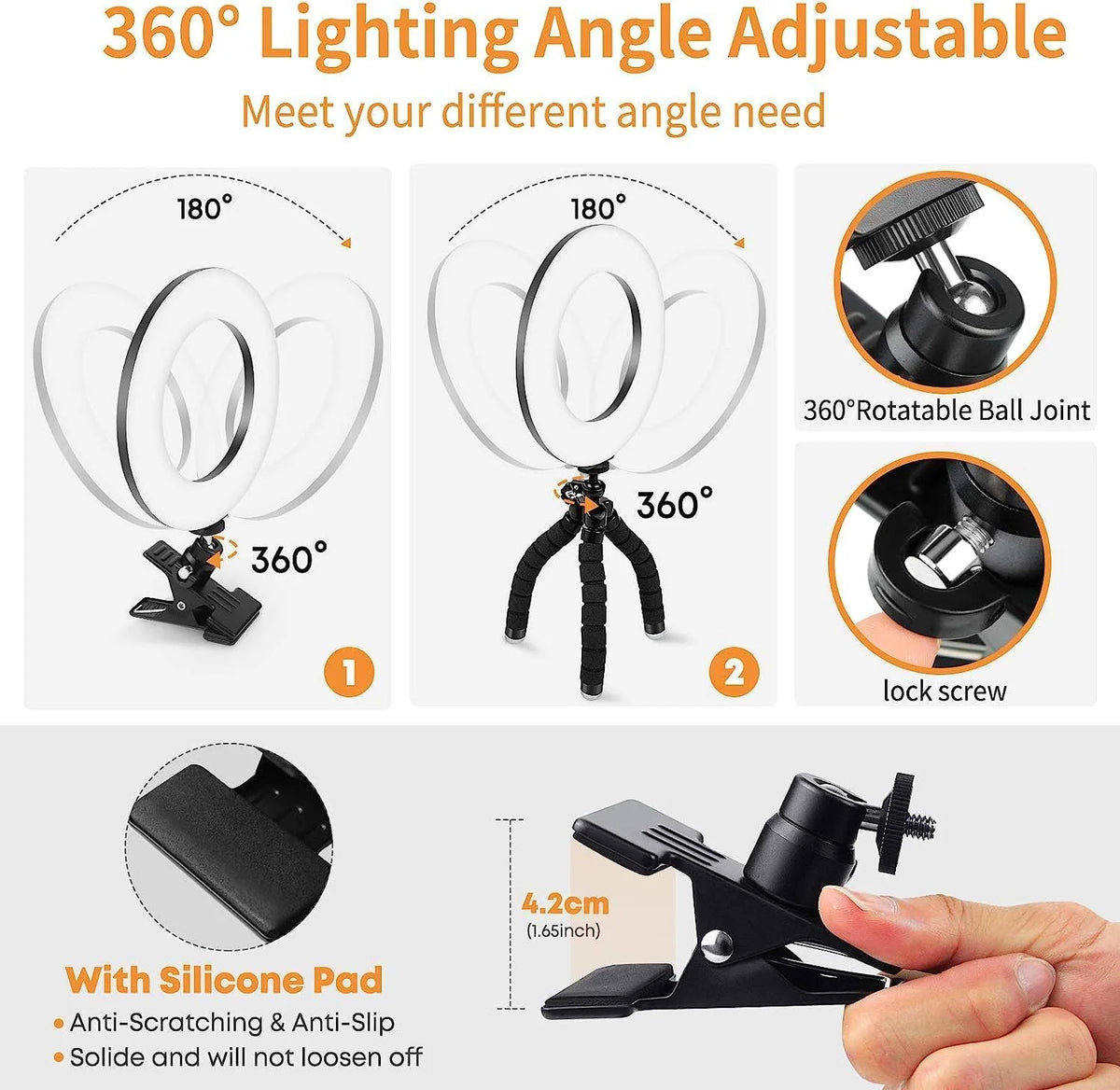 Ring Light | Clip-On & Adjustable 3200–6500K | Clamp & Flexible Tripod