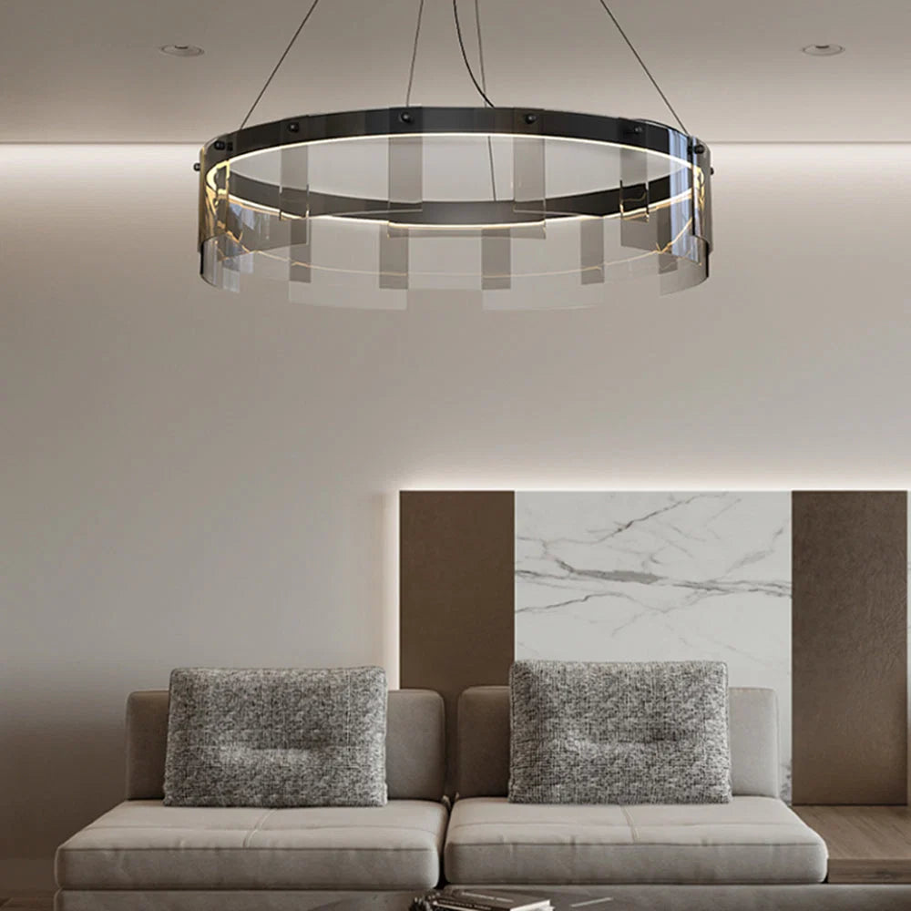 Ring Pendant Light | Black Metal Ring & Glass Shade | LED Bulb Included