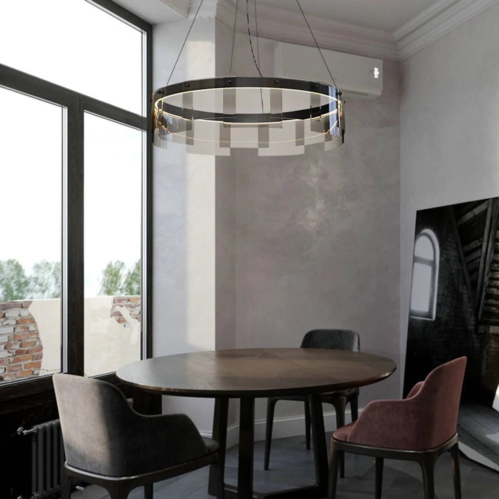 Ring Pendant Light | Black Metal Ring & Glass Shade | LED Bulb Included