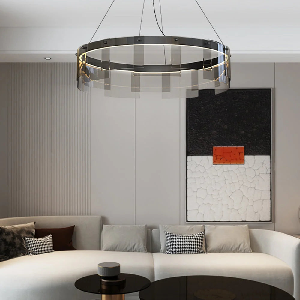 Ring Pendant Light | Black Metal Ring & Glass Shade | LED Bulb Included
