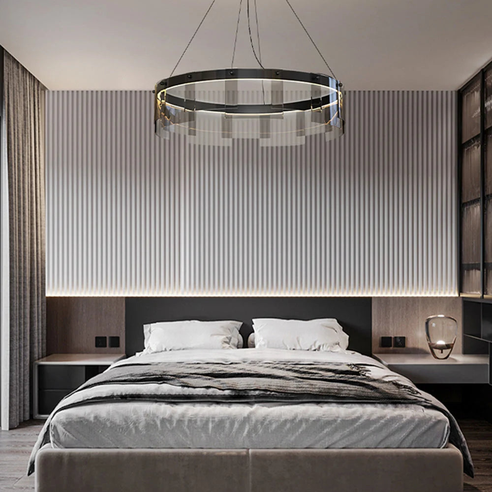 Ring Pendant Light | Black Metal Ring & Glass Shade | LED Bulb Included