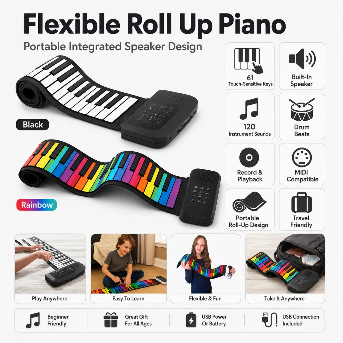 Roll-Up Piano | 61 Touch-Sensitive Silicone Keys & Built-In Speaker