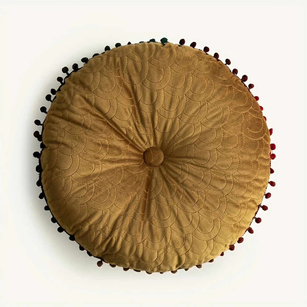 Round Ottoman Cushion | Vintage Quilted Velvet & Pom-Pom Trim