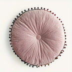 Round Ottoman Cushion | Vintage Quilted Velvet & Pom-Pom Trim