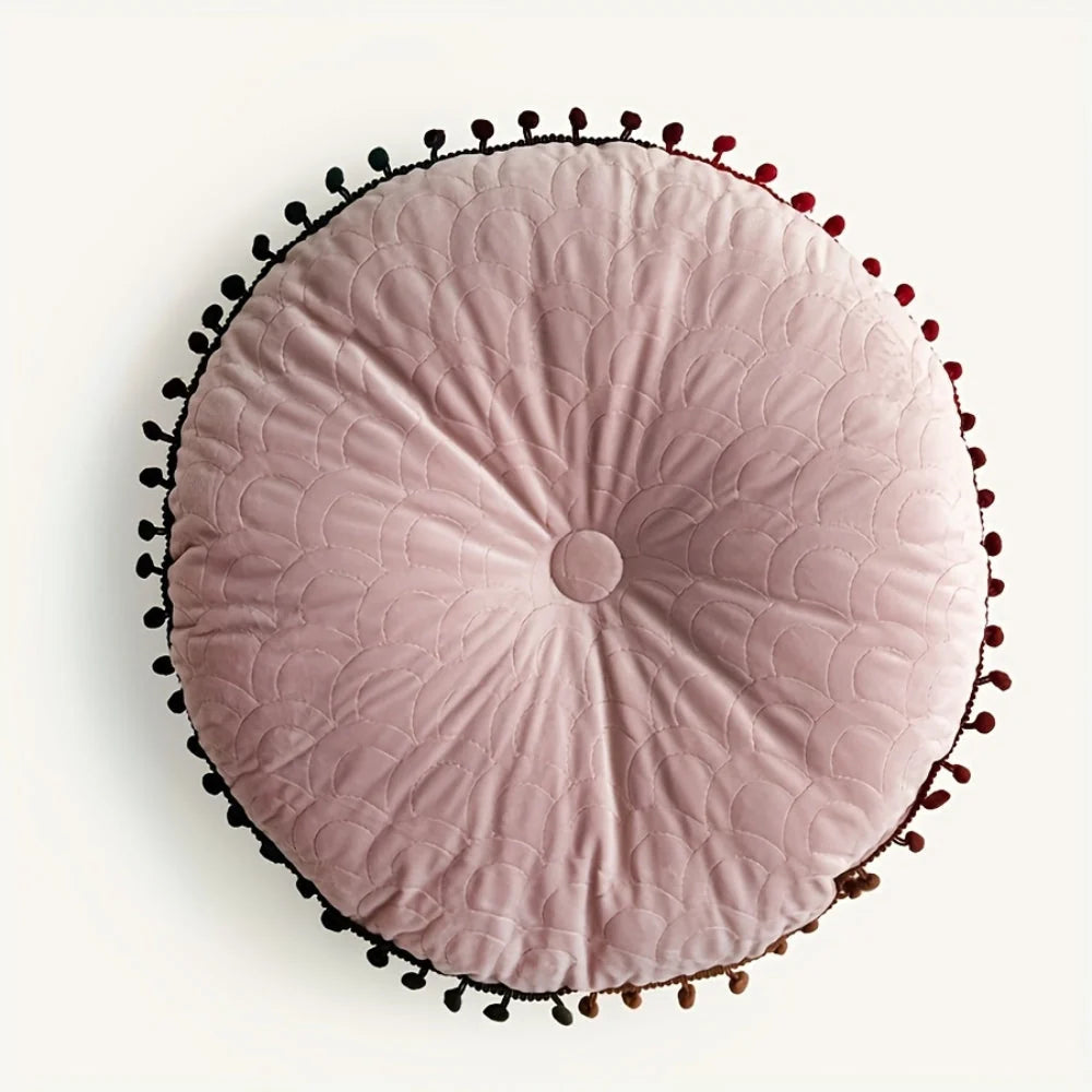 Round Ottoman Cushion | Vintage Quilted Velvet & Pom-Pom Trim