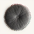 Round Ottoman Cushion | Vintage Quilted Velvet & Pom-Pom Trim