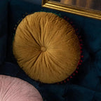 Round Ottoman Cushion | Vintage Quilted Velvet & Pom-Pom Trim