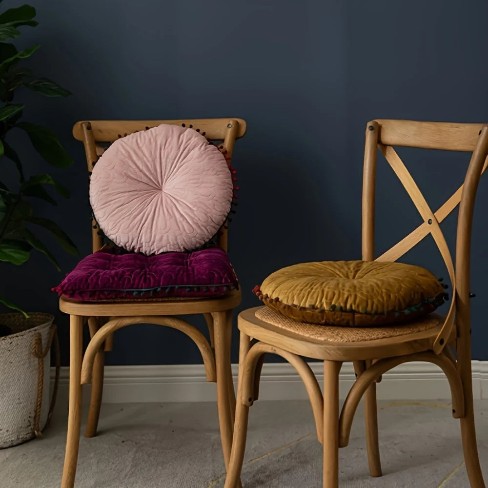 Round Ottoman Cushion | Vintage Quilted Velvet & Pom-Pom Trim