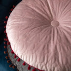 Round Ottoman Cushion | Vintage Quilted Velvet & Pom-Pom Trim