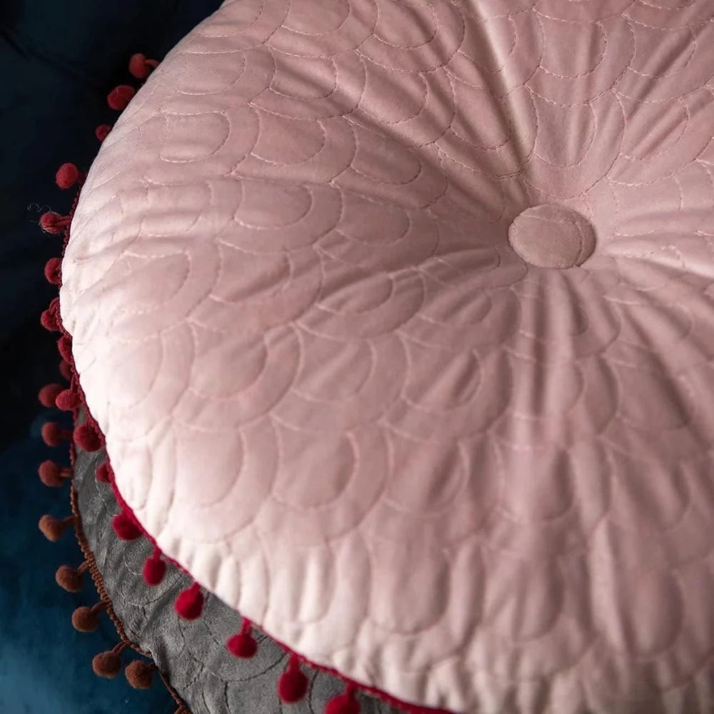 Round Ottoman Cushion | Vintage Quilted Velvet & Pom-Pom Trim