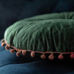 Round Ottoman Cushion | Vintage Quilted Velvet & Pom-Pom Trim