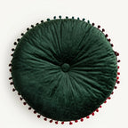 Round Ottoman Cushion | Vintage Quilted Velvet & Pom-Pom Trim
