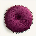 Round Ottoman Cushion | Vintage Quilted Velvet & Pom-Pom Trim