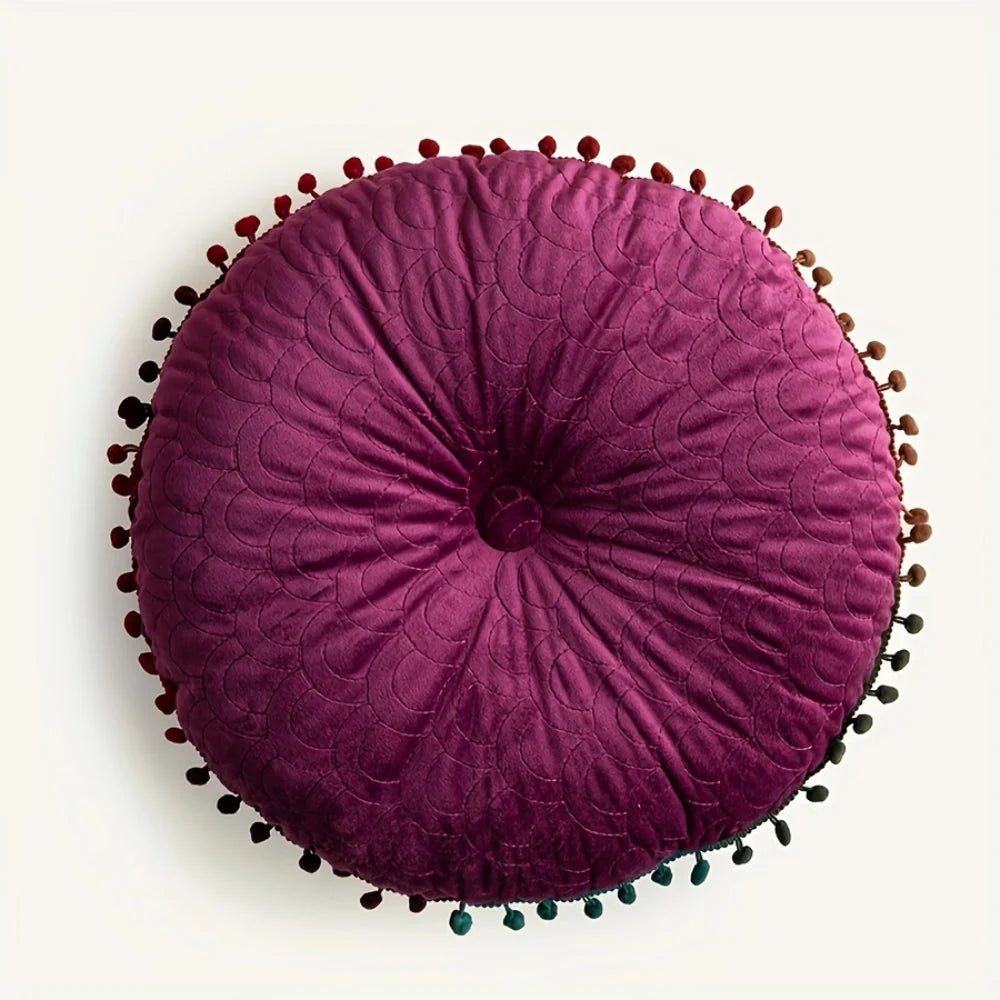 Round Ottoman Cushion | Vintage Quilted Velvet & Pom-Pom Trim
