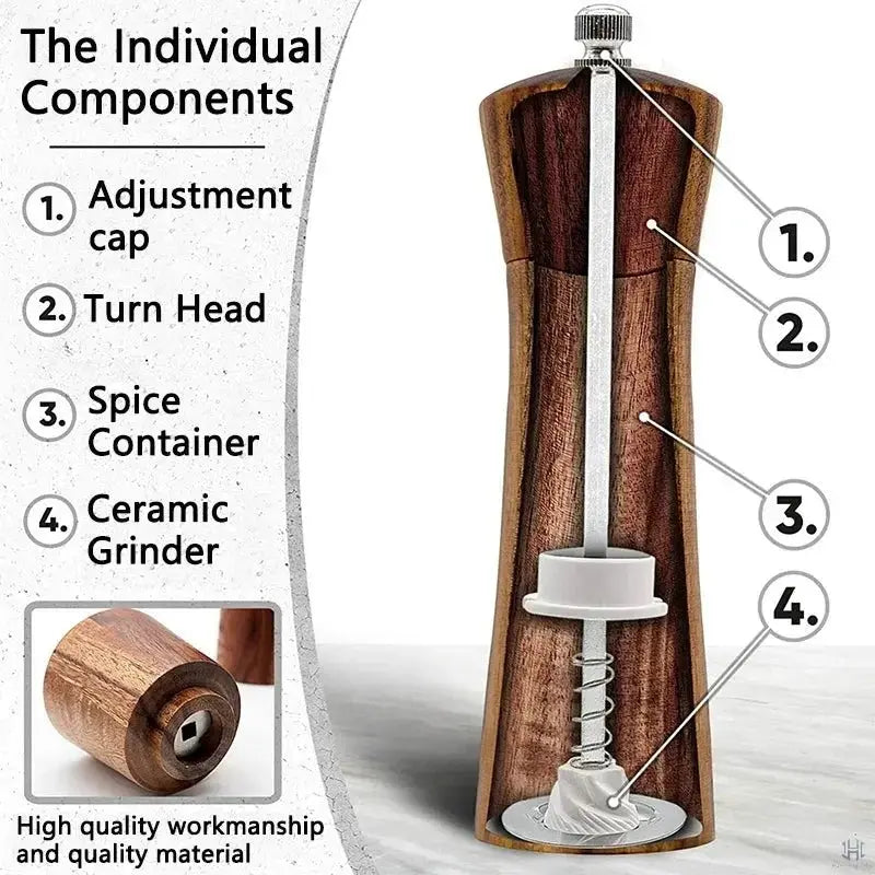 Salt & Pepper Grinder | Acacia Wood & Adjustable Ceramic Mill | Sold Individually