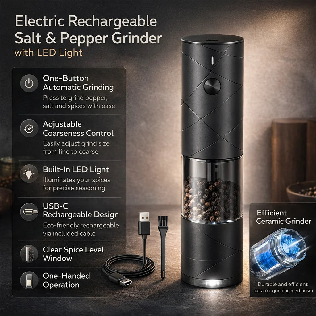 Salt & Pepper Grinder Set | One-Hand Operation, LED & Rechargeable | Set of 2