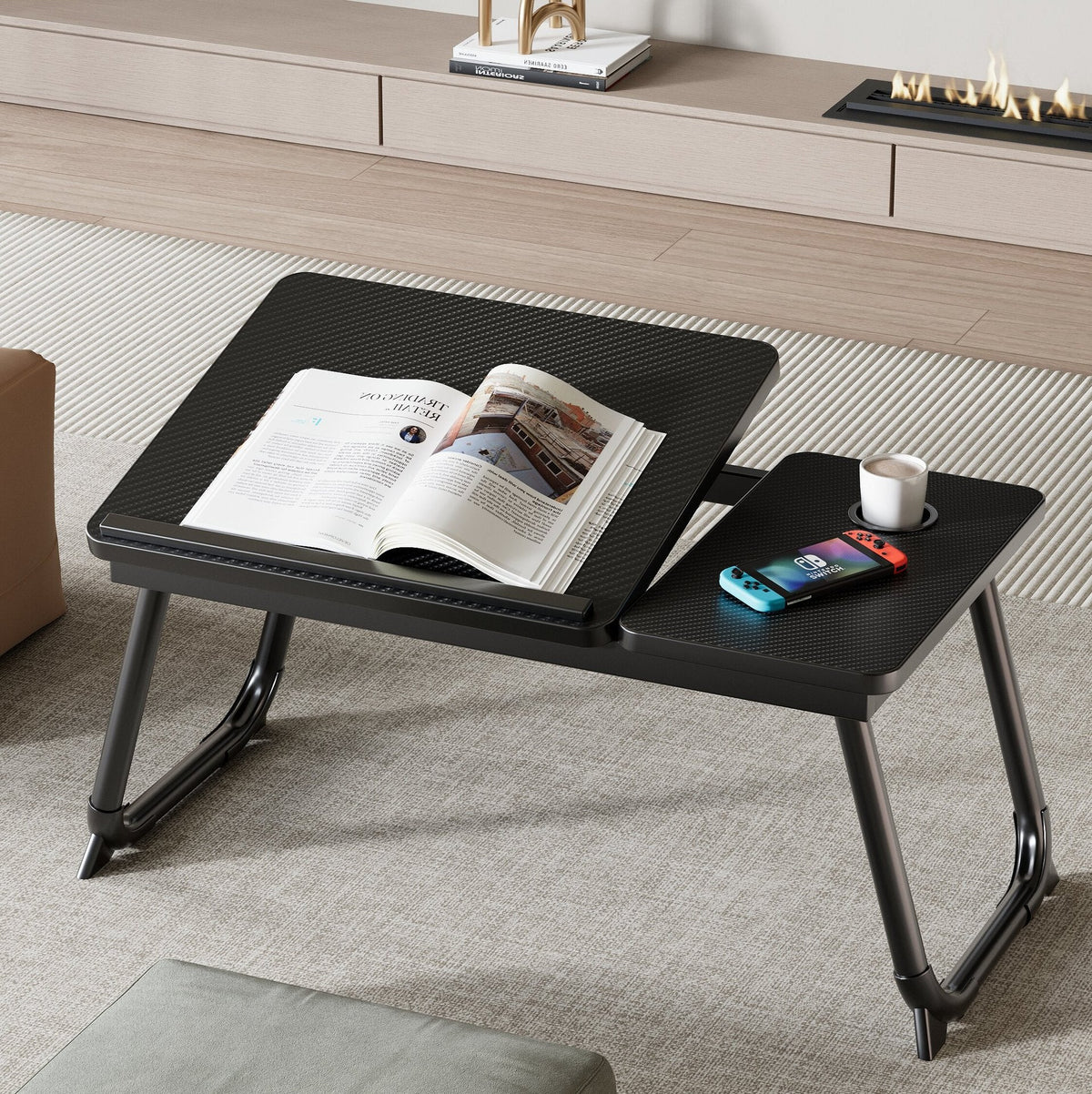 Contemporary Nordic Carbon Fiber MDF Rectangular Desk with Foldable Angle-Adjustable 2-Tray Design for Study