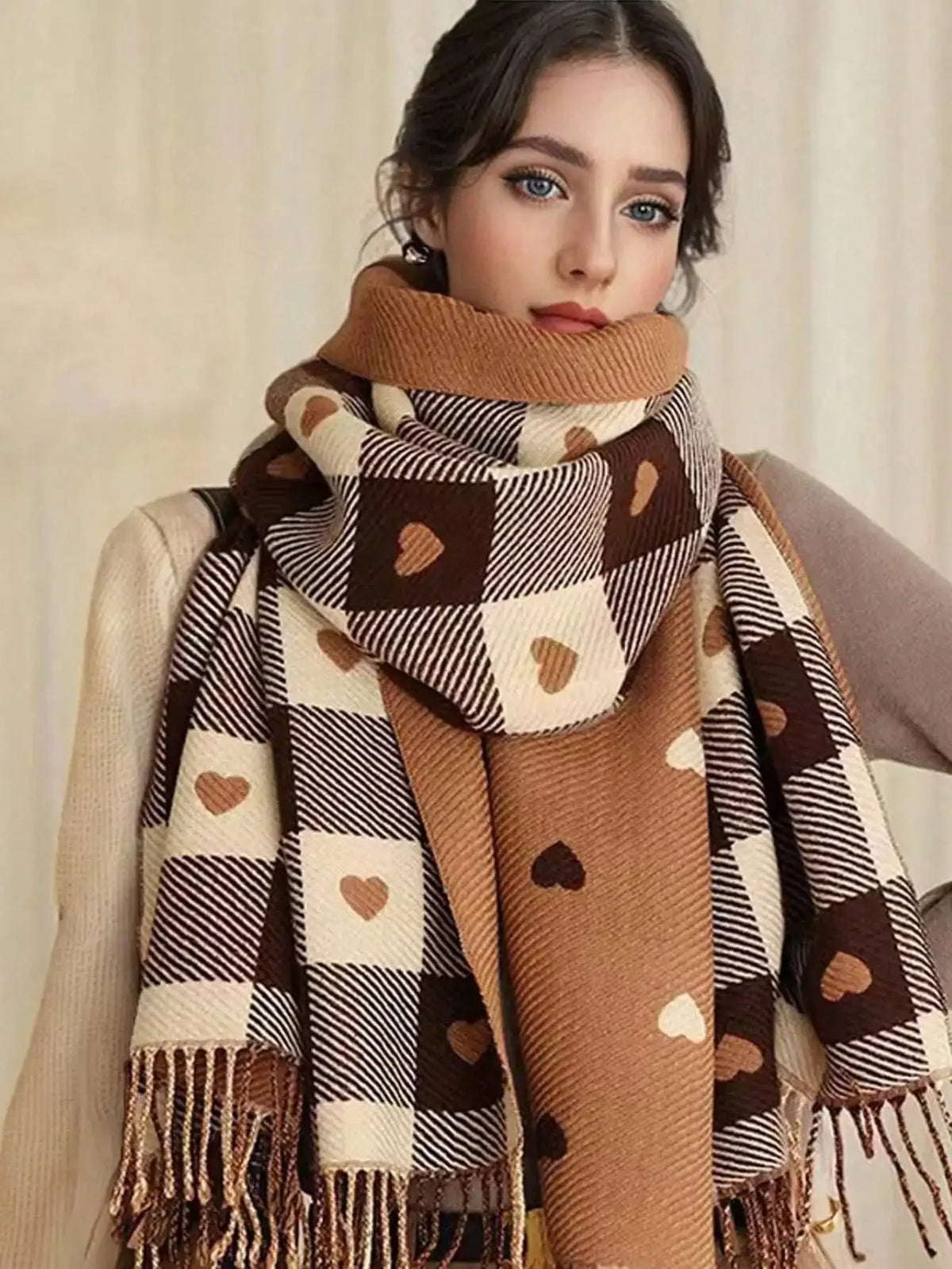 Scarf | Soft Wool Blend & Heart Check Pattern | 70 x 200 cm