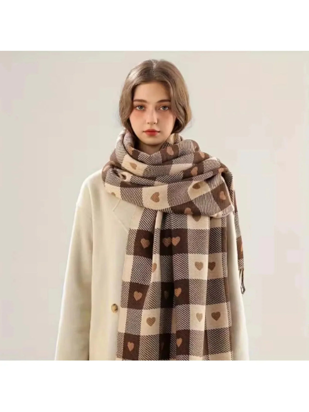 Scarf | Soft Wool Blend & Heart Check Pattern | 70 x 200 cm