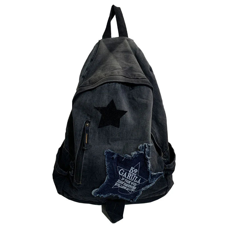 School Backpack | Denim Star Appliqué & Padded Adjustable Straps