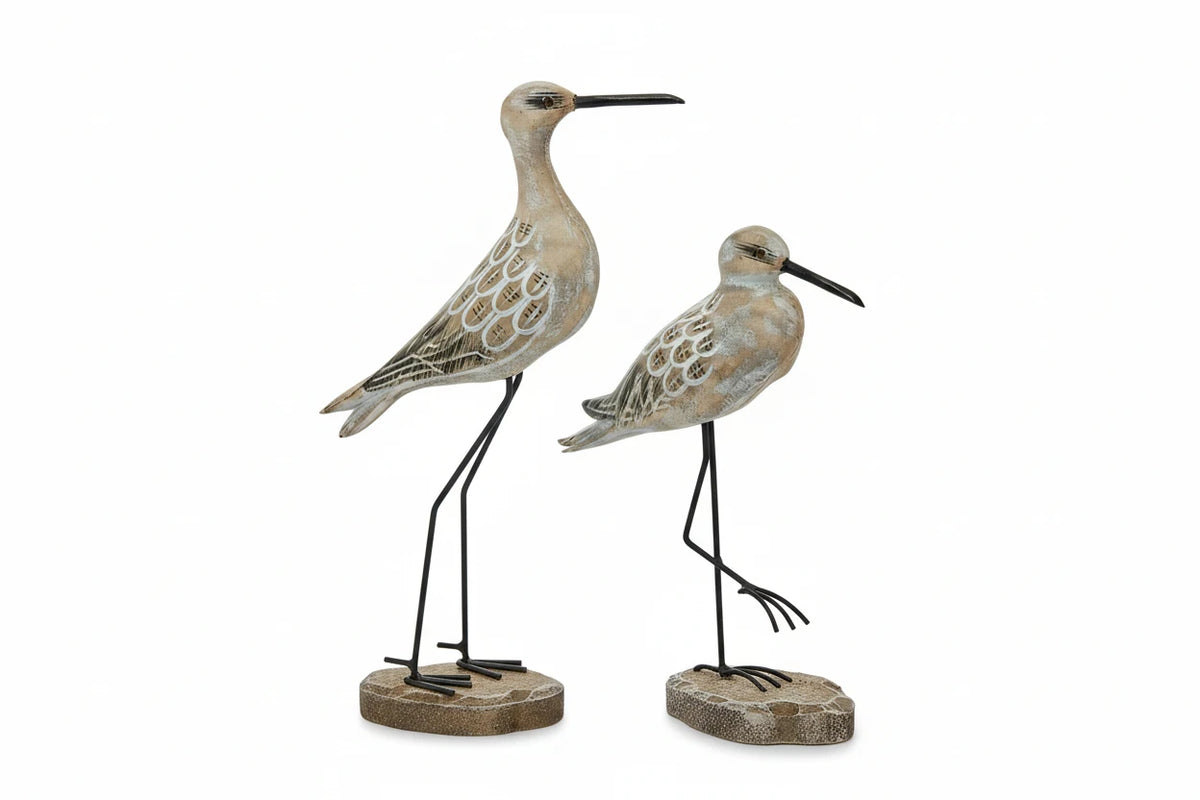 Seabird Ornament Set | Hand-Carved Wood & Metal Stand | Set of 2