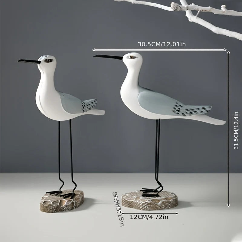Seabird Ornament Set | Hand-Carved Wood & Metal Stand | Set of 2