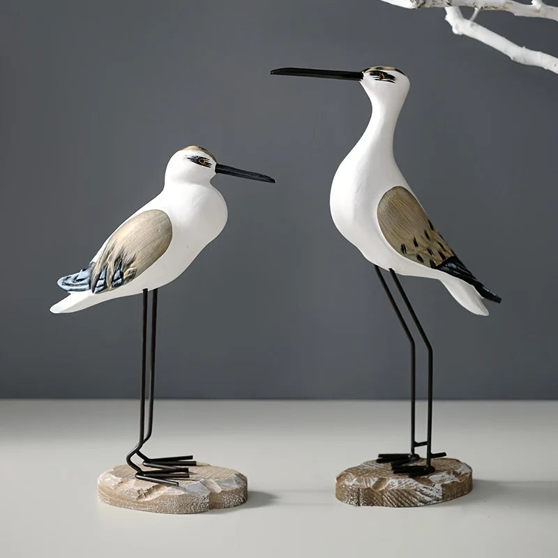 Seabird Ornament Set | Hand-Carved Wood & Metal Stand | Set of 2