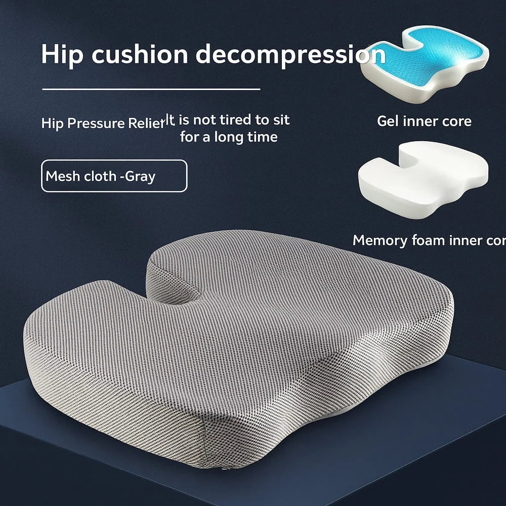Seat Cushion | Gel-Infused Memory Foam & Coccyx Cutout | Removable Zipper Cover