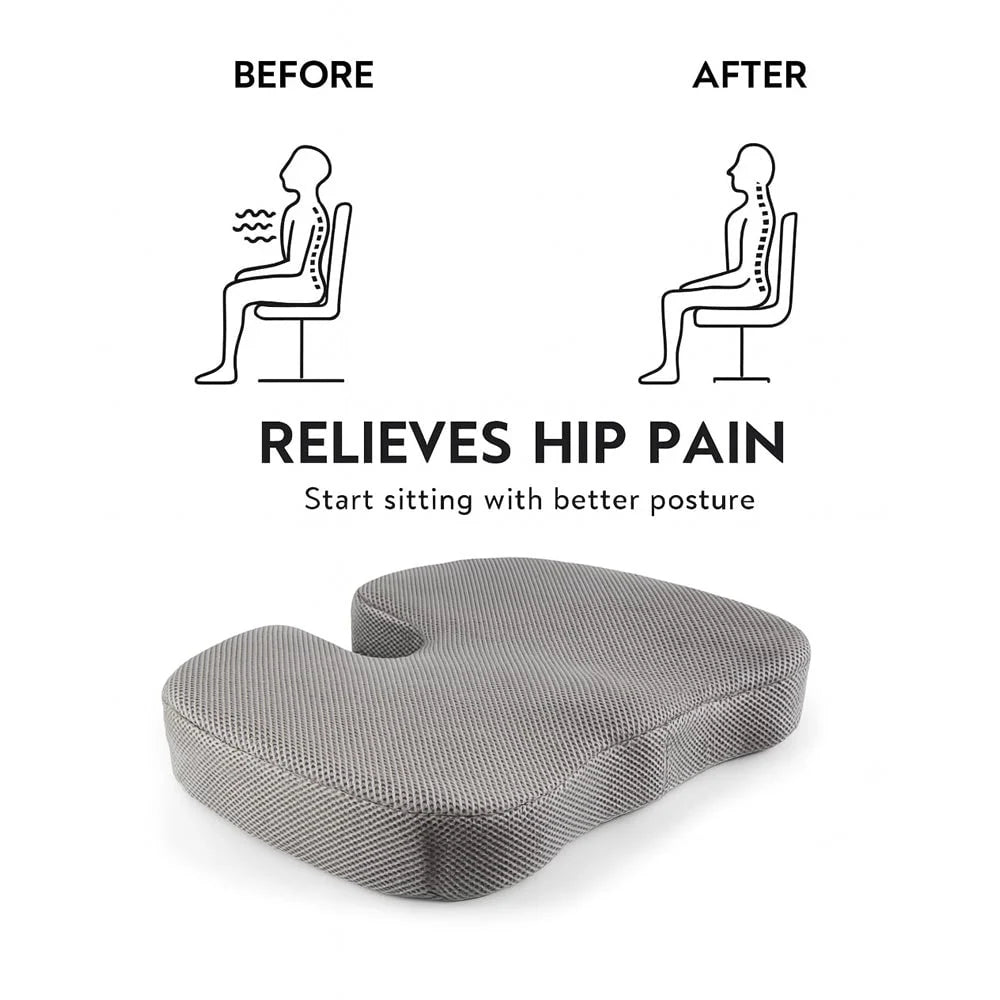 Seat Cushion | Gel-Infused Memory Foam & Coccyx Cutout | Removable Zipper Cover