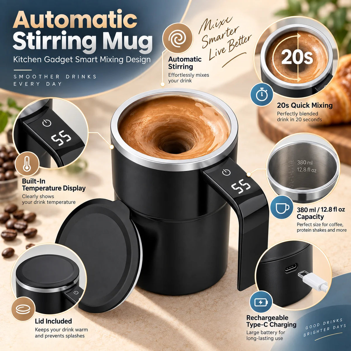 Self-Stirring Mug | Rechargeable Magnetic Mixing & Temperature Display | 380 ml