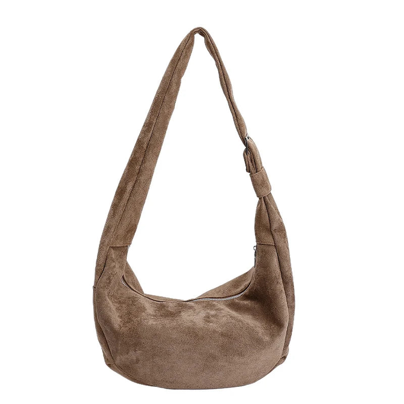 Shoulder Bag | Soft Suede, Wide Strap & Zipper Closure