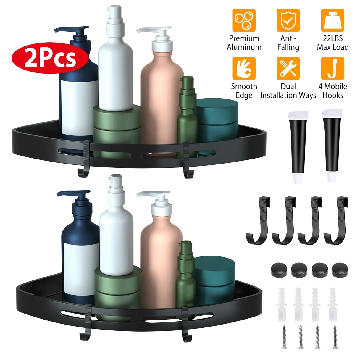 Shower Corner Shelves | Adhesive No-Drill & Rust-Resistant Aluminum | Set of 2