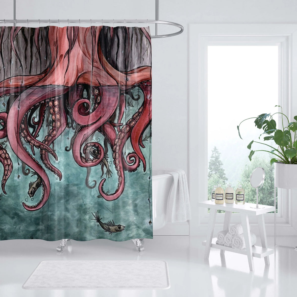 Shower Curtain | Ocean Art Octopus & Jellyfish Design & Water-Resistant Polyester | Fits Standard Bathtubs